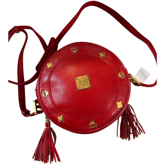 Vintage MCM Red Tambourine Round Leather Crossbody Bag - Picture 1 of 10